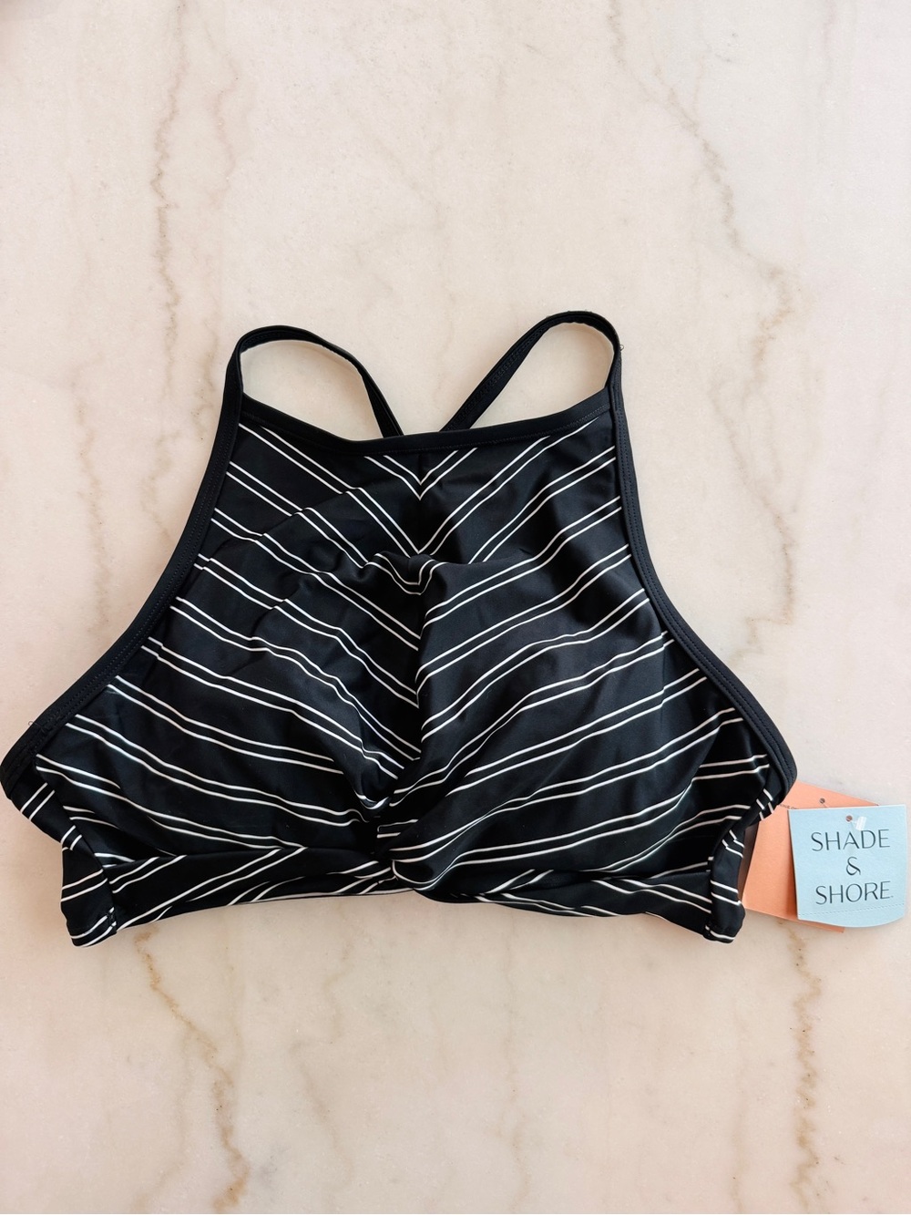Shade & Shore Black and White Striped High-Neck Bikini Top